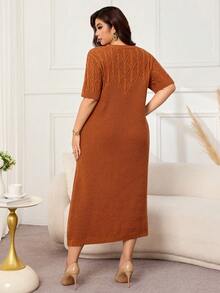 Lacomfia Plus Size Women's Simple Versatile Diamond Argyle Pattern Round Neck Short Sleeve Sweater Dress - Bronze - View 2