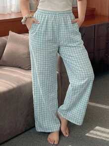 Dazy Plus Elastic Waist Plaid Loose Long Home Wear Cute Casual Pajama Bottoms Fall - Mint Blue - View 5