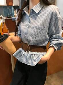 DAZY Women's Korean Style Versatile Button-Up Ruffle Hem Blouse - Blue - View 2