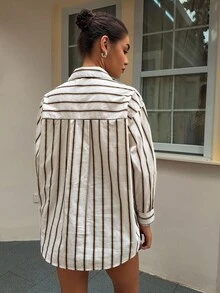 Dazy Tall Áo sơ mi nữ dáng rộng tay dài kẻ sọc phong cách thường ngày cho mùa thu - Vàng nhạt - Xem 2