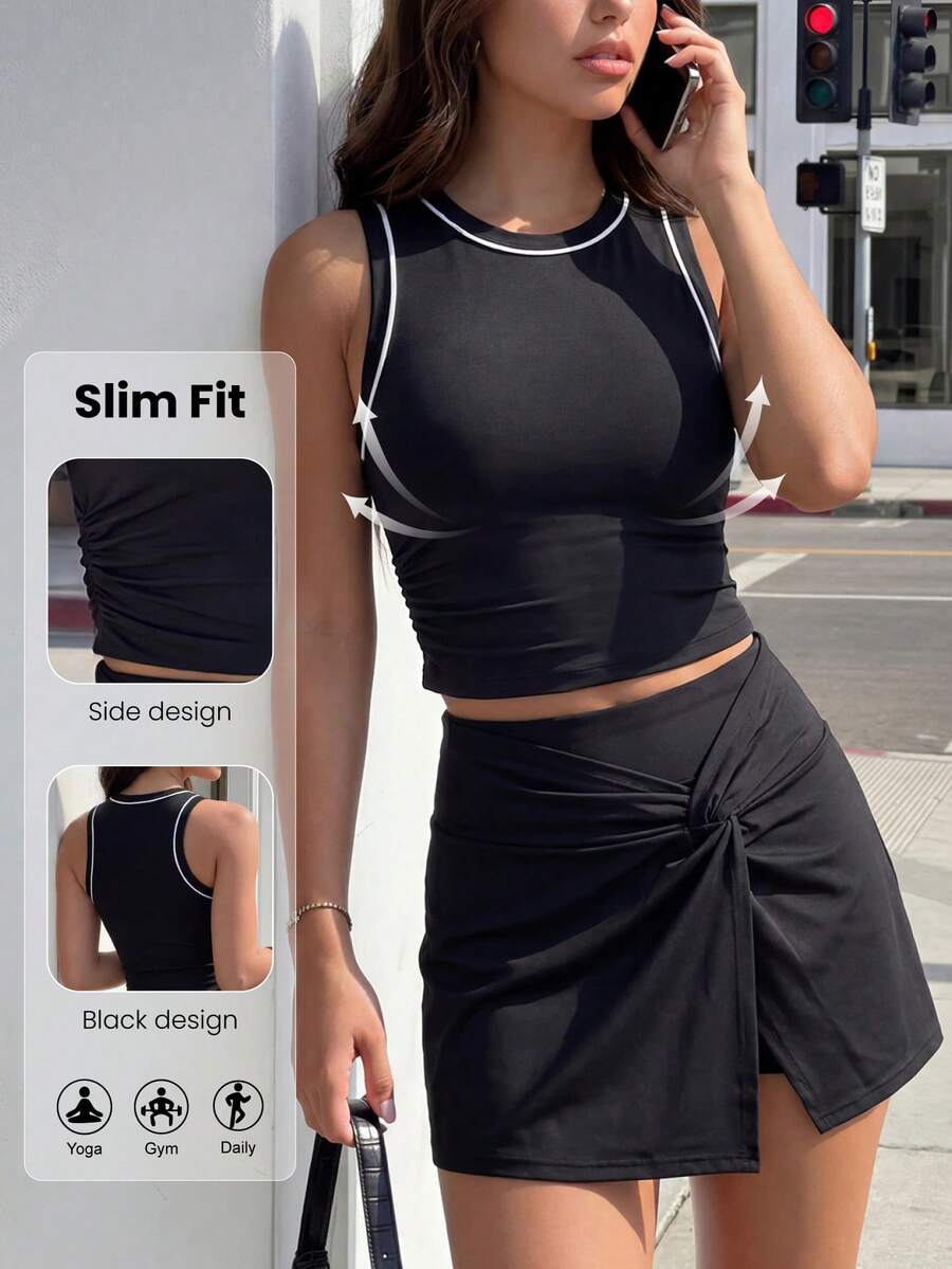 SHEIN Dewbera Minimalist Striped Colorblock Round Neck Tank Top And Front Knot Ruched Skort Sports Set - Black - View 1
