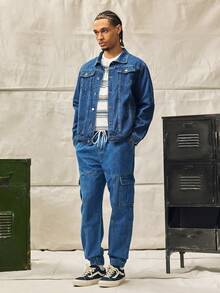 Norleigh Loose Drawstring Solid Color Men's Jogger Cargo Jeans With Flap Pockets On Sides - Medium Wash - View 8