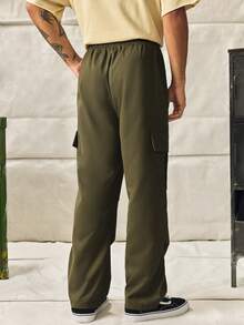 Norleigh Men's Solid Color Drawstring Waist Cargo Pocket Pleated Pants Men Army Green Plain Fabric Straight Leg Long Casual Amekaji Style With Pockets - Army Green - View 2