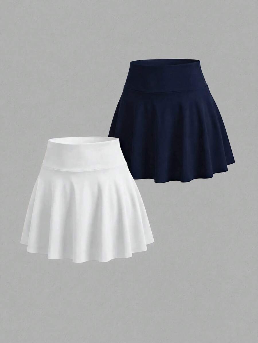 Sweetra Women's Solid Color Casual Versatile Daily Travel Sports Skorts 2pcs Set - Blue and White - View 1