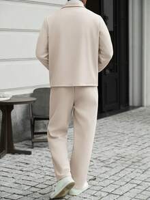 Manfinity Homme 米色羊毛男士商務西裝，附領口與口袋細節，街頭風男士羊毛兩件套，秋冬服飾 - 杏色 - 查看 2