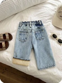 SHEIN 男嬰秋冬復古藍色丹寧刷毛內裡寬鬆長褲 - 淺色水洗藍 - 查看 2