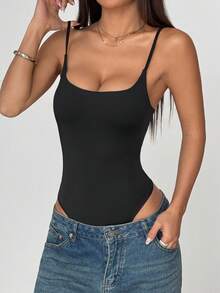 Flirla Women's Minimalist Low-Cut Skinny Bodysuit, Casual Solid Color Versatile Outfit, Spring/Summer - Black - View 5