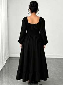 Elenzga Gaun Wanita Ukuran Plus Warna Hitam Polos Musim Semi/Gugur, Leher Persegi, Ruffle Elegan, Lengan Panjang Mengembang, Mempertegas Pinggang, Model A-Line, Belahan Bawah dengan Patchwork Ruffle, Cocok untuk Tamu Pernikahan, Wisuda, Liburan Pantai - Hitam - View 2