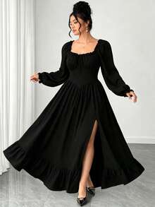 Elenzga Gaun Wanita Ukuran Plus Warna Hitam Polos Musim Semi/Gugur, Leher Persegi, Ruffle Elegan, Lengan Panjang Mengembang, Mempertegas Pinggang, Model A-Line, Belahan Bawah dengan Patchwork Ruffle, Cocok untuk Tamu Pernikahan, Wisuda, Liburan Pantai - Hitam - View 3