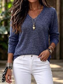 SHEIN LUNE Women's V-Neck Long Sleeve Casual Versatile Sweatshirt - Royal Blue - View 1