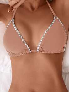 Swim Basics 女款花卉波浪邊掛脖綁帶上衣，適合海灘度假 - 珊瑚粉 - 查看 4