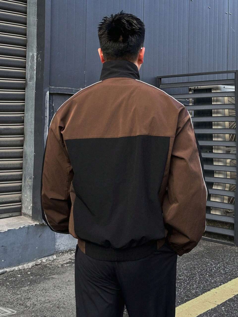Spring/Autumn Long Sleeve Loose Brown & Black Colorblock Reflective Drawstring Decor Hem & Cuff Elastic Waist Men's Jacket & Coat