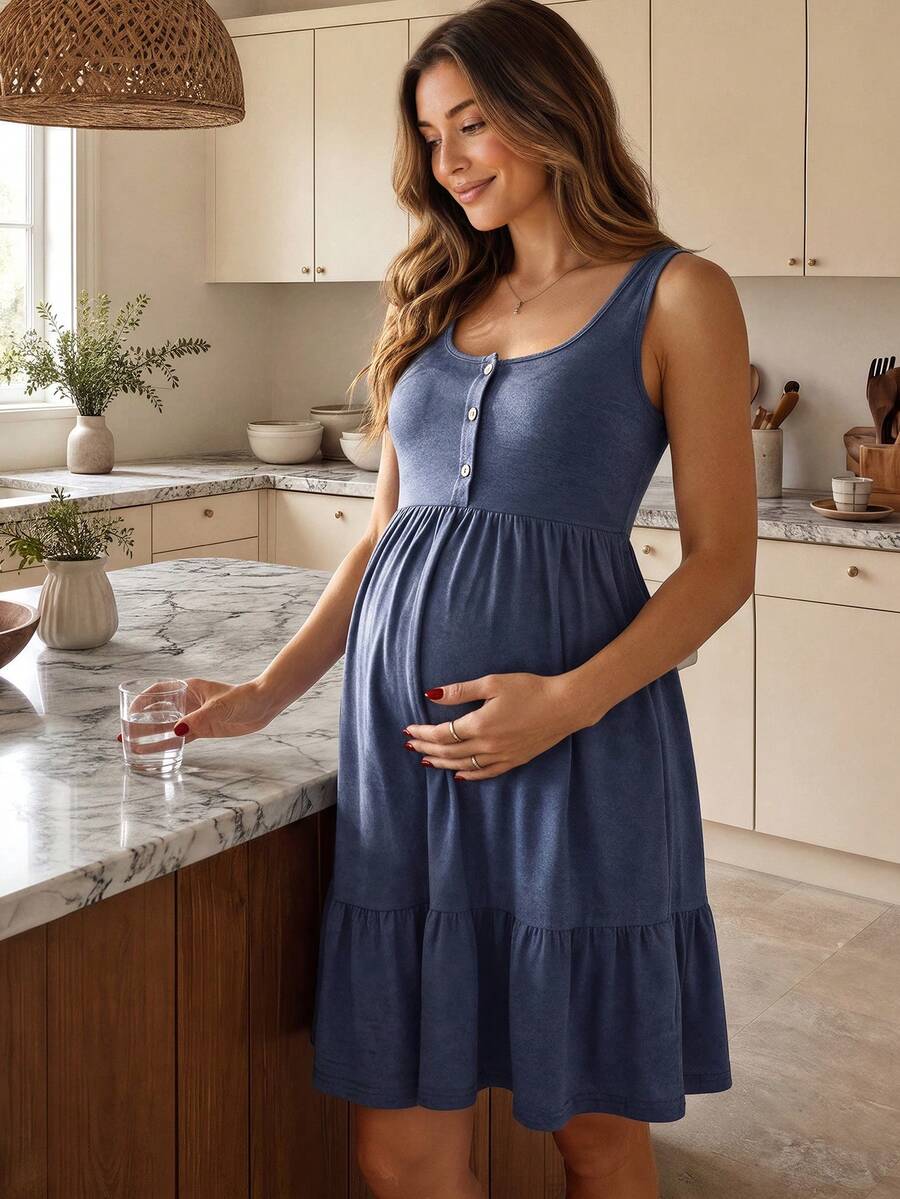 GentleRue Maternity 孕妇纯色纽扣前开襟无袖哺乳连衣裙 - 藍色 - 查看 1