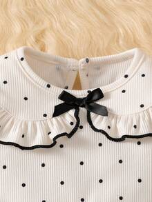 SHEIN Newborn Baby Girls A-Line Dress Sweet Elegant Beige Black Polka Dot Bow Ruffle Long Sleeve Ruffled Collar Birthday Party Fall Cozy Ballet Ribbed Knit - Apricot - View 8