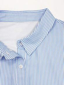 Breezaya Plus Size Women's Striped Drop Shoulder Sleeve Button Half Placket Casual Shirt - Blue - View 3