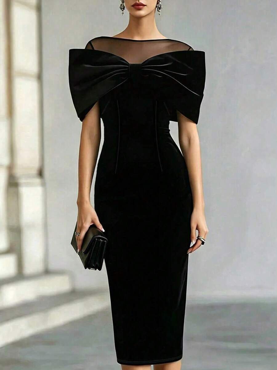 Balvessa Elegant Women's Mid-Length Dress Spring Summer Autumn Black Velvet Holiday Date Party Cocktail Banquet Bowknot Decor Mesh Patchwork