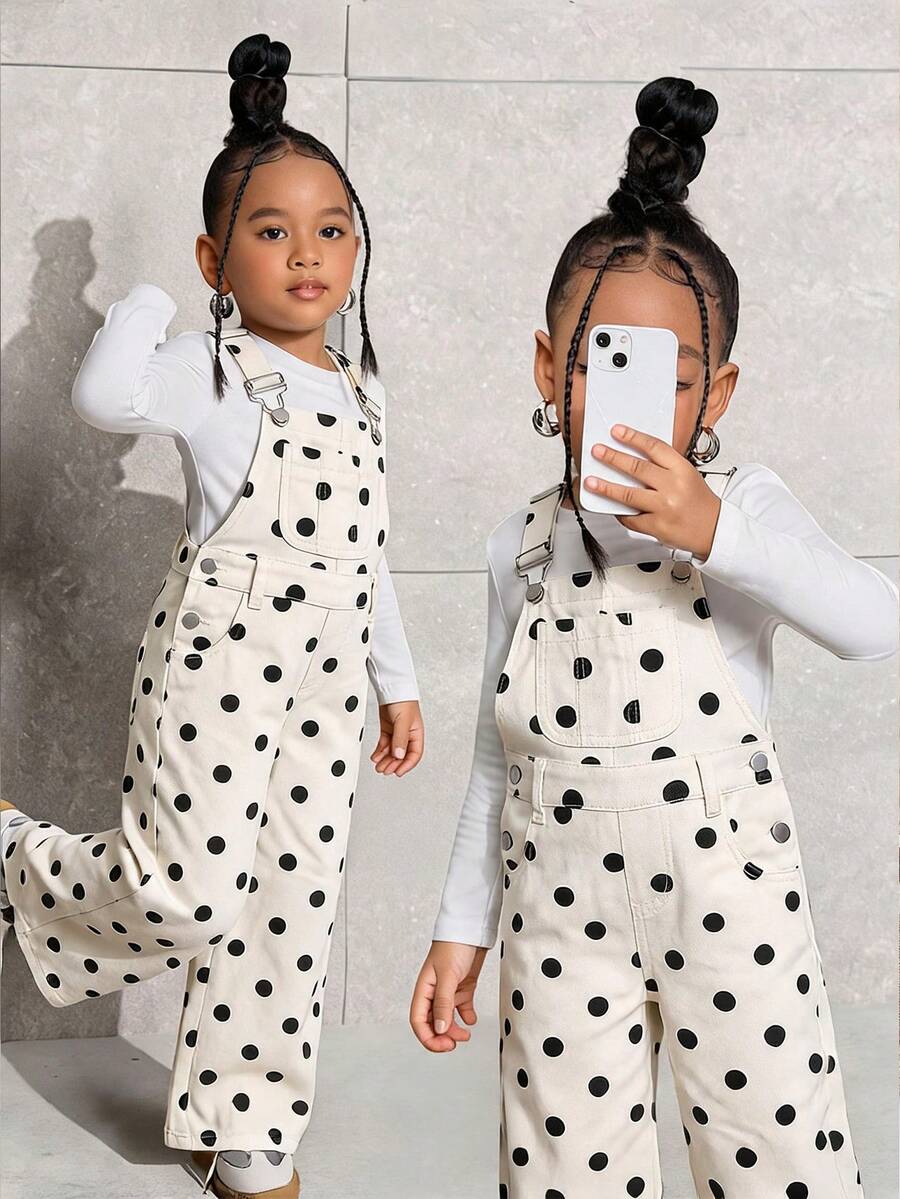 SHEIN Young Girl Leopard Print Denim Overalls - Beige - View 1