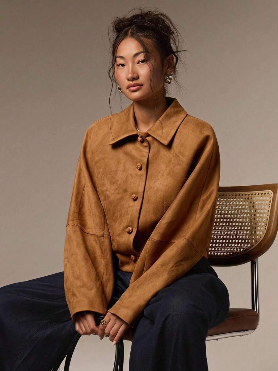 COSMINA 女款休閒百搭黃色麂皮外套,秋季外穿,外出穿搭 - 黃色 - 查看 1