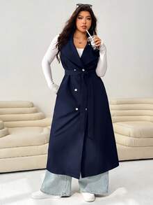 Solflare Navy Blue Casual Women's Plus Size Trench Coat Fall - Navy Blue - View 5