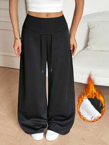SHEIN Tall Women's Solid Color Drawstring Waist Wide Leg Loose Athletic Pants - Black - View 6