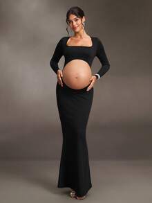 Cheriluna Maternity Maternity Solid Color Cutout Design Long Sleeve Summer Dress - Black - View 3