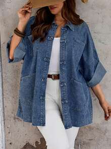 EMERY ROSE EMERY ROSE Plus Size Casual Loose Fit Denim Jacket For Vacation Teacher Outfits For Women - Dark Wash - View 1