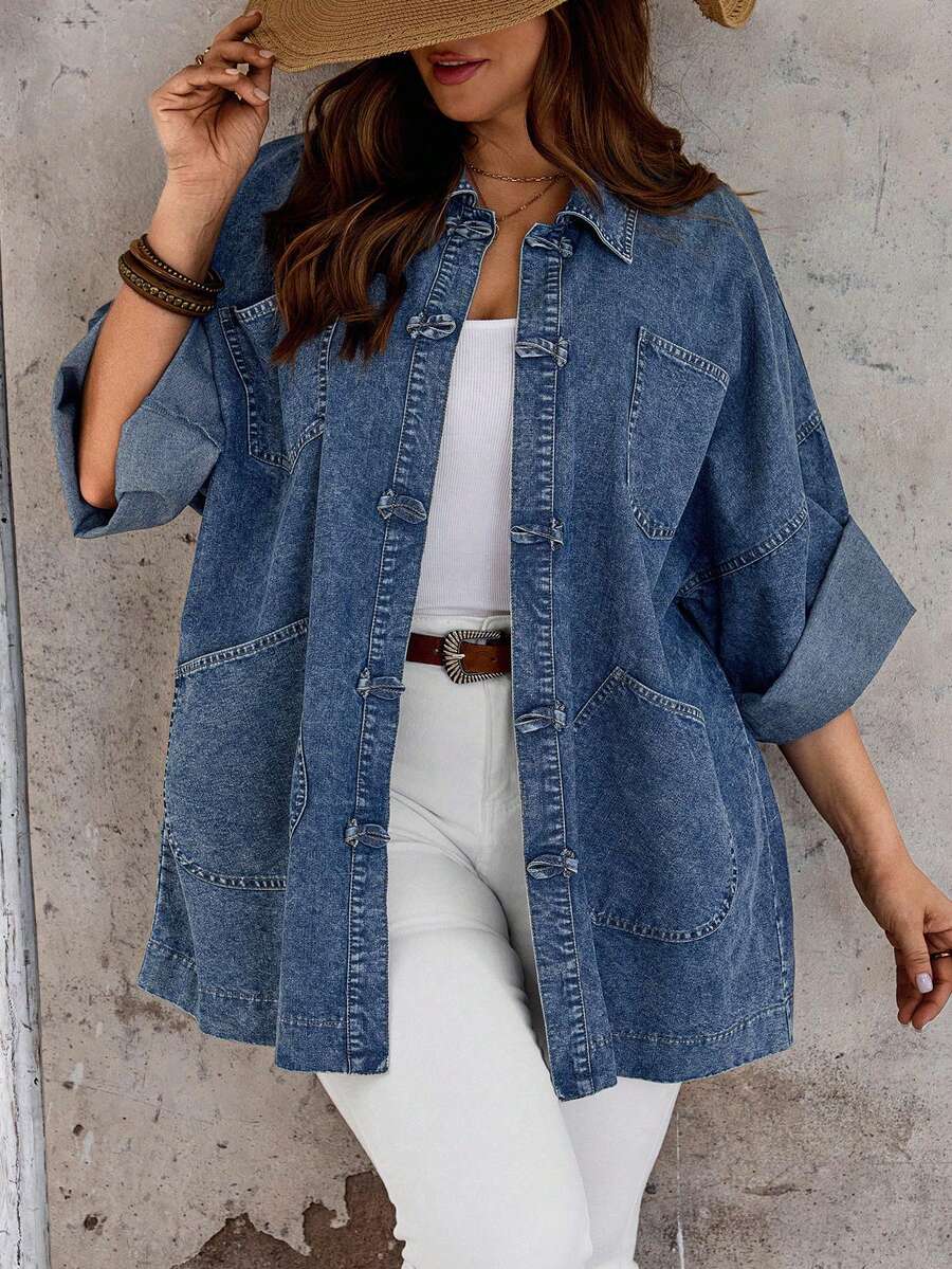 EMERY ROSE EMERY ROSE Plus Size Casual Loose Fit Denim Jacket For Vacation Teacher Outfits For Women - Dark Wash - View 1