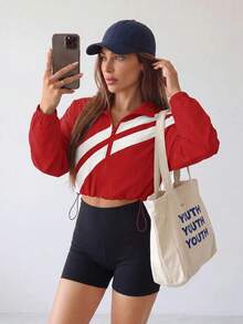 Dewbera Dewbera Jaket Resleting Penuh dengan Tali Serut di Bagian Bawah, Motif Blok Warna Musim Semi/Gugur - Merah - View 3