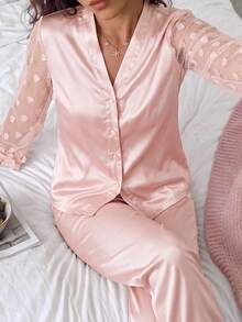 Rafferiza 3pcs Floral Lace Heart Mesh Splice Faux Silk Women Long Sleeve Top And Pants Pajama Set, Fall Winter Clothes - Pink - View 7