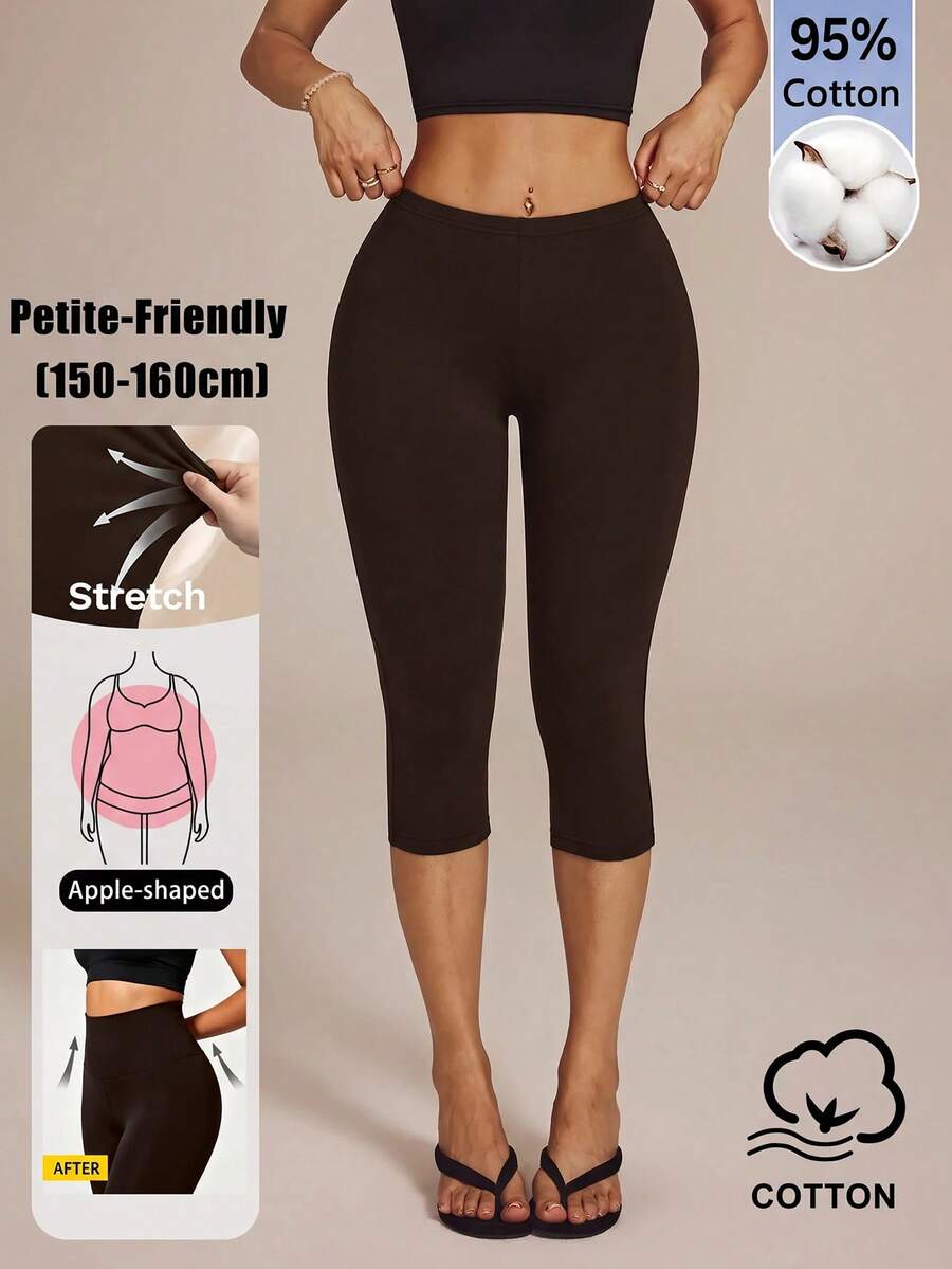 SHEIN PETITE 女款 95% 棉 3/4 長度修身顯瘦內搭褲 - 棕色 - 查看 1