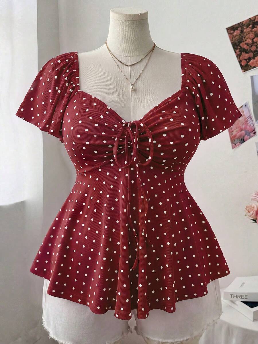 Sweetra Plus Size Women's Square Neck Sweetheart Neck Drawstring Cap Sleeve Ruffle Flutter Sleeve Small Ditsy Floral Casual Cute Elegant Vacation A-Line T-Shirt, Spring/Summer - Burgundy - View 1