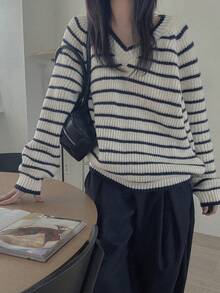 DAZY Sweater Rajut Wanita Model Pullover Lengan Panjang Longgar Bergaris Warna Blok, Leher V, Kasual, Gaya Jalanan, Liburan Musim Semi dan Gugur - Putih - View 6
