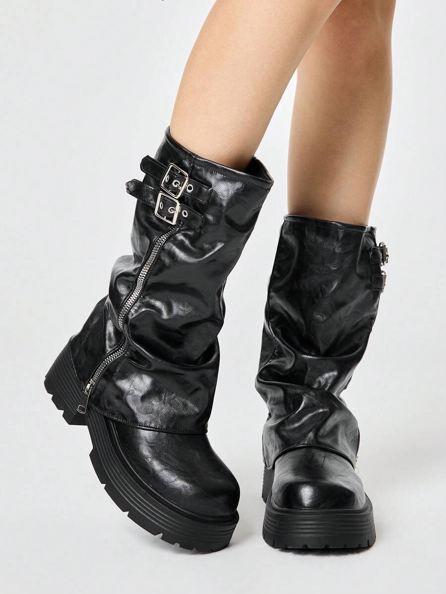 ROMWE Ladies Black Diablo Rock Punk Goth Boots Over The Knee Boots, Fashion Lace-Up Platform Heel Women's Boots, Spring Shoes, Spring Break, Easter, Christm - Belt buckle boots black - View 1