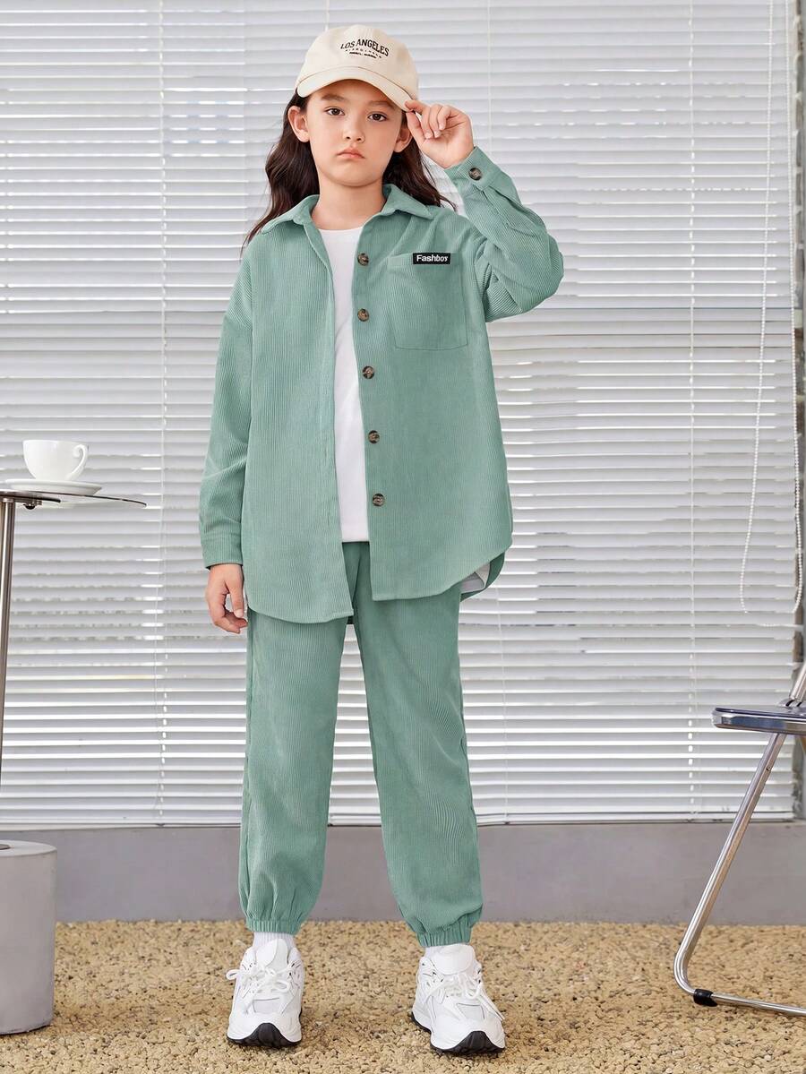 SHEIN 女大童字母貼布落肩袖燈芯絨襯衫和褲子 - 薄荷綠 - 查看 1