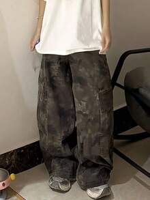 DAZY Women's Camouflage Cargo Pocket Wide Leg Loose Casual Denim Jeans Fall - Army Green - View 2