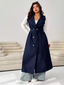 Solflare Navy Blue Casual Women's Plus Size Trench Coat Fall - Navy Blue - View 4