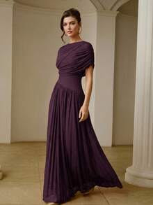 ZEYLAH Women's Solid Color Pleated Casual Party Long Dress - Bold Plum - View 1