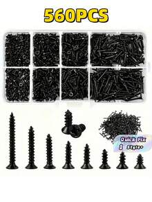 560PCS Assorted Sizes Black Self Tapping Screws Set Steel Wood Repair Electronics Assembly With Portable Storage Case Home Improvement DIY Handyman Gift Men Dad Father Day Christmas Housewarming Must Haves - Black - View 1