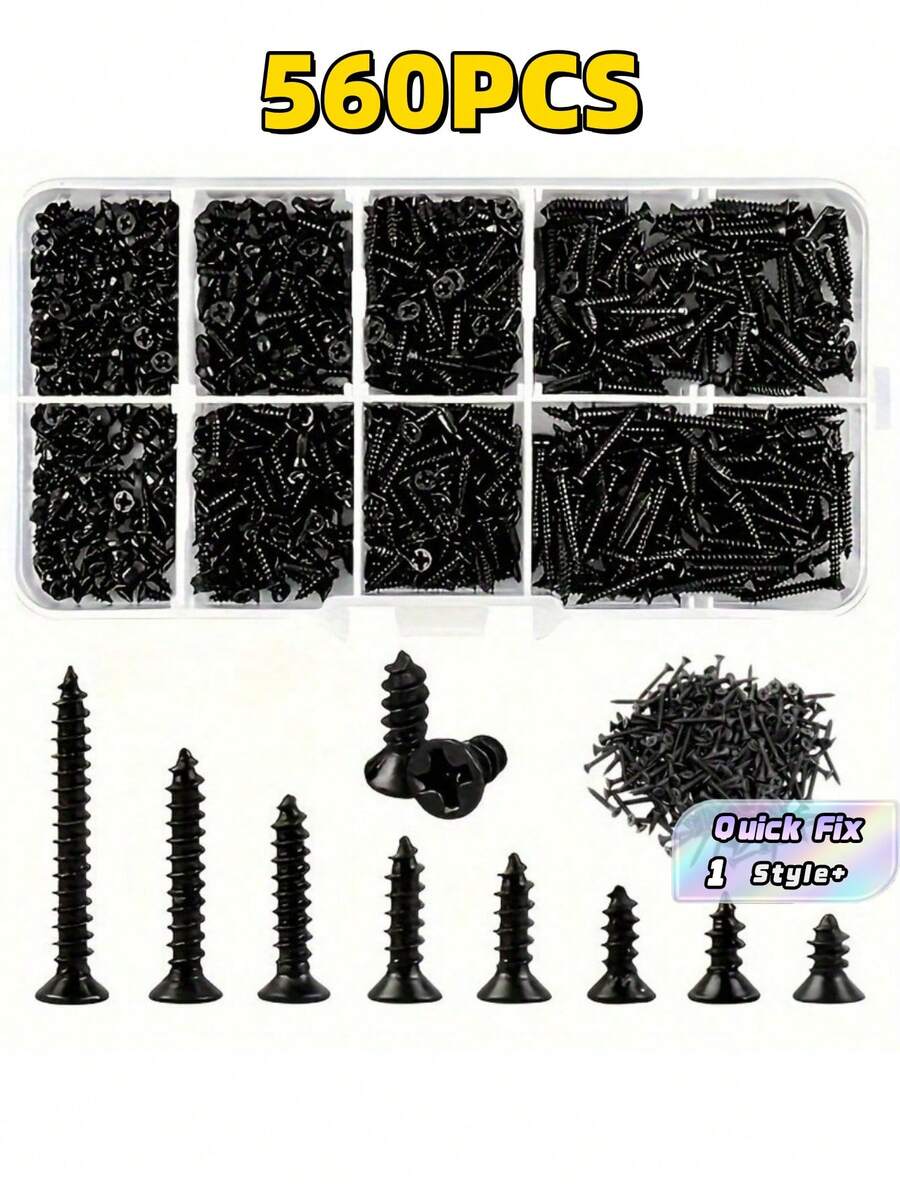 560PCS Assorted Sizes Black Self Tapping Screws Set Steel Wood Repair Electronics Assembly With Portable Storage Case Home Improvement DIY Handyman Gift Men Dad Father Day Christmas Housewarming Must Haves - Black - View 1