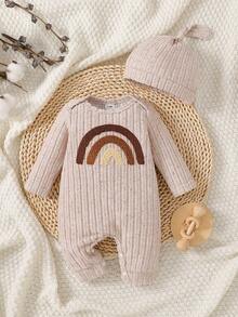 SHEIN Newborn Baby 2pcs Romper Set, Ribbed Long Sleeve Outfit With Rainbow Embroidery And Ear Beanie, Beige Minimalist Spring Autumn Infant Clothing - Apricot - View 3