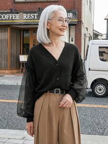 FRIFUL Cardigan Wanita Model Korea Baru untuk Awal Musim Gugur, Motif Patchwork, Bagian Bawah Berbahan Jala Transparan dengan Belahan di Bagian Depan. - Hitam - View 7