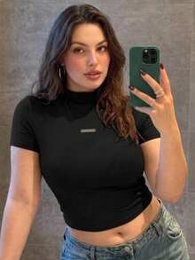 Dazy Plus Plus Size Solid Color Elastic Fitted Semi-High Neck Sexy Pullover T-Shirt, Black, Spring/Summer/Autumn - Black - View 4