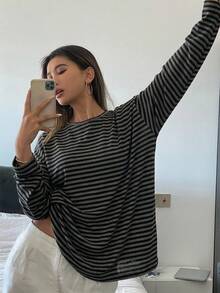 Dazy Tall Women's Round Neck Long Sleeve Loose Striped Street Casual T-Shirt Cute Tops - Grey - View 16