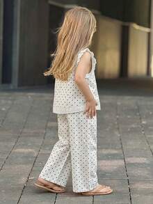 Dazy Kids 2pcs Young Girl Girls Sleeveless Allover Print Shirt + Woven Pants Set, Spring/Summer Vacation Thin Clothing - White - View 2