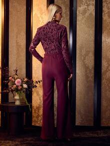 MOTF PREMIUM ELEGANT SLIMMING HOLLOW LACE PATCHWORK LONG SLEEVE WOMEN JUMPSUIT - Red Violet - View 4