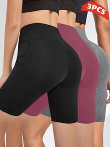 Sweetra Solid Color High Waist Seamless Sports Shorts - Multicolor - View 5