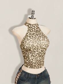 SHEIN ICON 女款夏季哥德風豹紋露背掛脖背心上衣 - 卡其色 - 查看 11