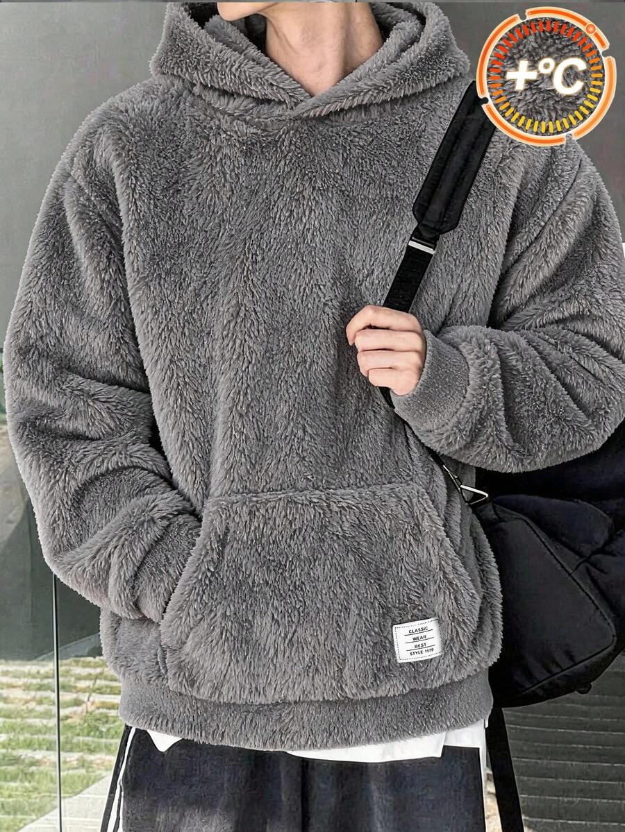 SHEIN 青少年男孩休閒刺繡雙面抓毛連帽套頭衛衣，秋冬款灰色上衣