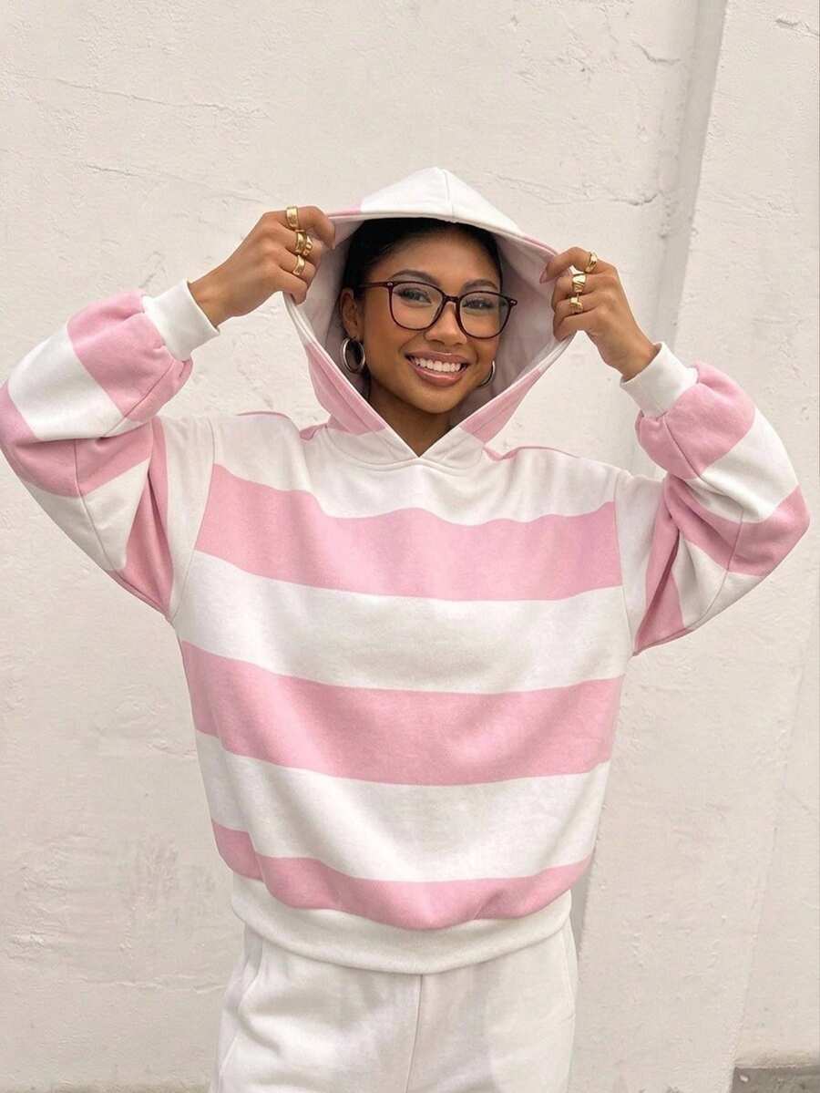 Muchica Casual Minimalist Style Pink & Grey Striped All-Over Print Women's Lightweight Sweatshirt, Suitable For Early Autumn - Multicolor - View 1