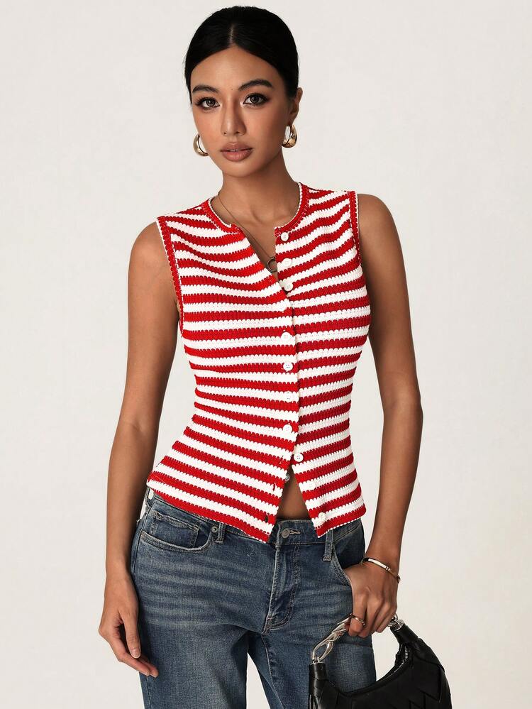 SHEIN BASICS Women's Striped Round Neck Single-Breasted Casual Vest - Red - View 3